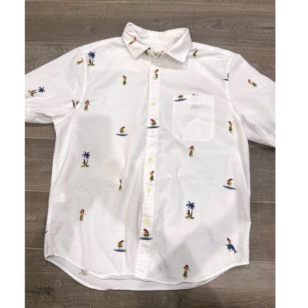Tommy Bahama Shirt Mens M White Hawaiian Hula Surf Print Button Up Short Sleeve